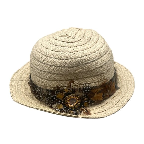 pins and needles straw hat feather bead embellished taille unique one size READ - Picture 1 of 8